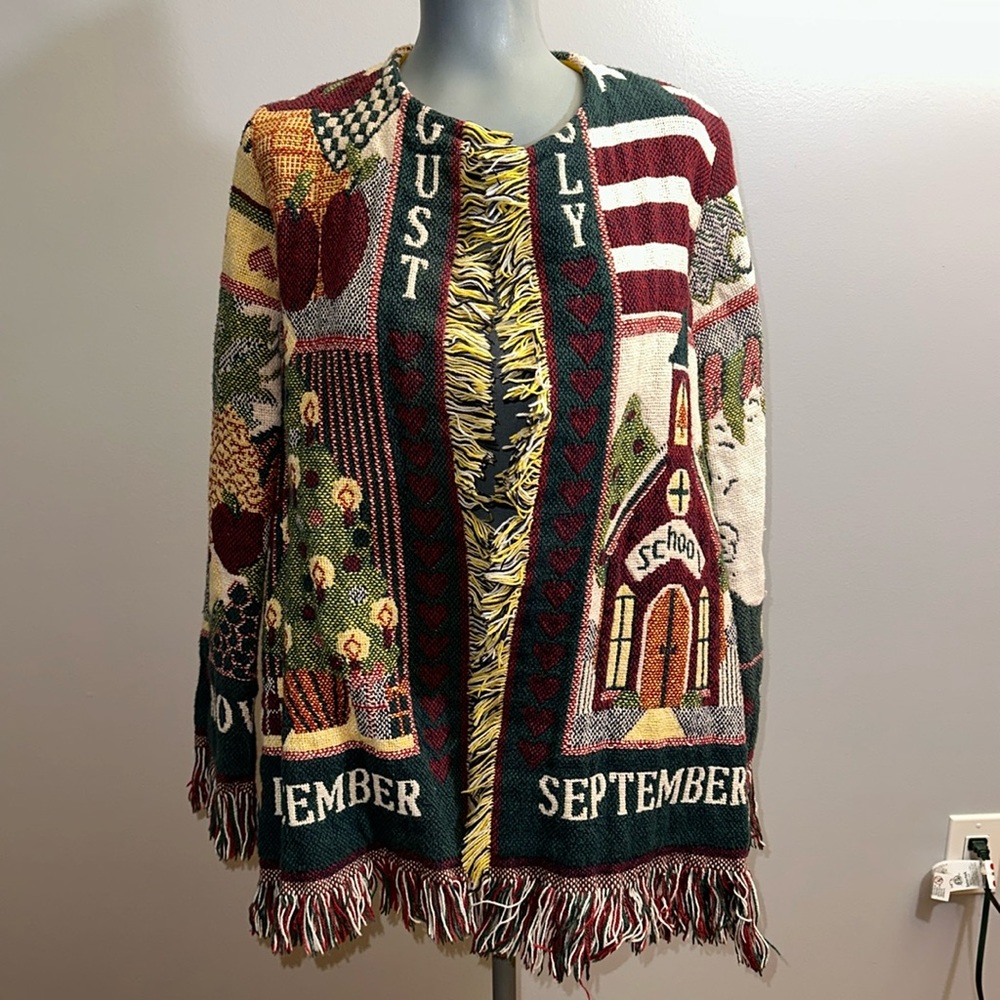 Handmade Upcycled Fringe Teacher School Calendar Blanket Cardigan Sweater